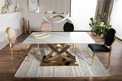 Стол обеденный SIGNAL HERMES эффект белого мрамора/золотой 160/90